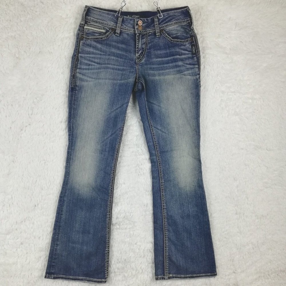 Silver Womens Jeans Suki Flap Flare Denim Blue Stone‎ Wash Low Rise Stretch 28
